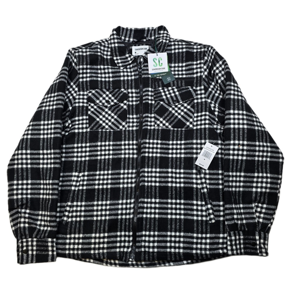 Sovereign Code Shirt Jacket Mens Medium Black‎ White Plaid Quilted Lined Zip NEW